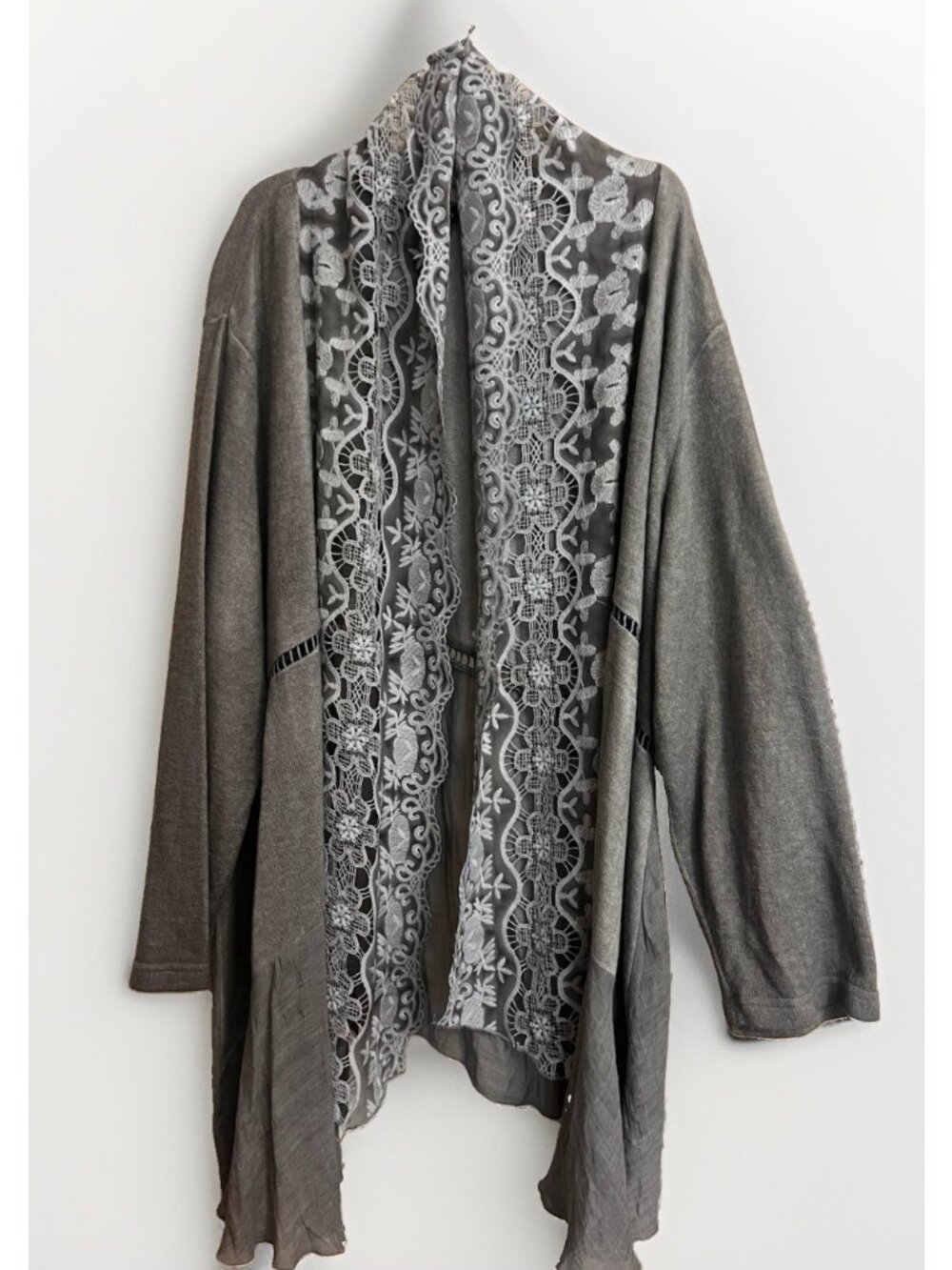 Ali Miles Womens Gray Open Cardigan Floral Lace Trim Long Duster Sweater Boho 2X